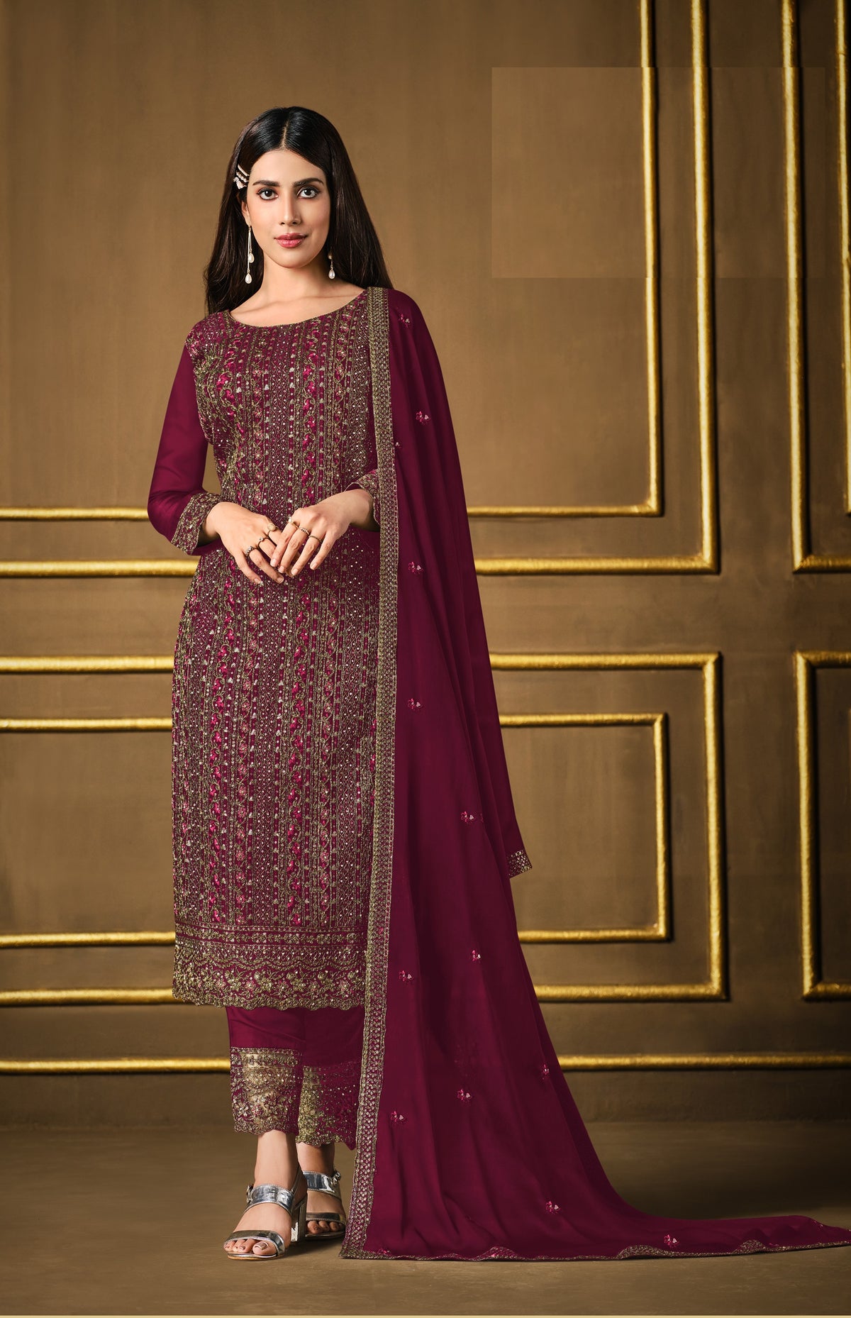 Purple Color Silk Heavy Embroidery Straight Salwar Suit - Joshindia