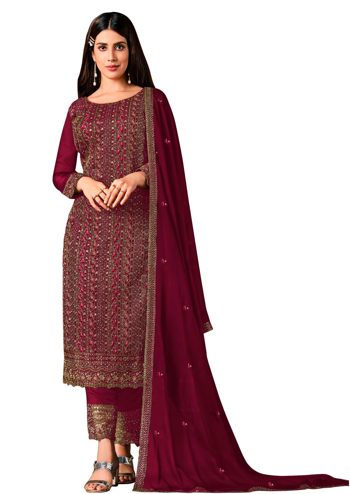 Purple Color Silk Heavy Embroidery Straight Salwar Suit - Joshindia