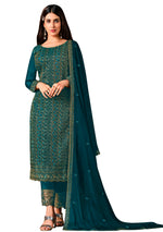 Sea Blue Color Silk Heavy Embroidery Straight Salwar Suit - Joshindia