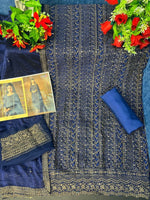 Navy Blue Color Silk Heavy Embroidery Straight Salwar Suit - Joshindia
