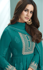 Sea Blue Color faux Georgette With Embroidery Long Anarkali Suit - Joshindia