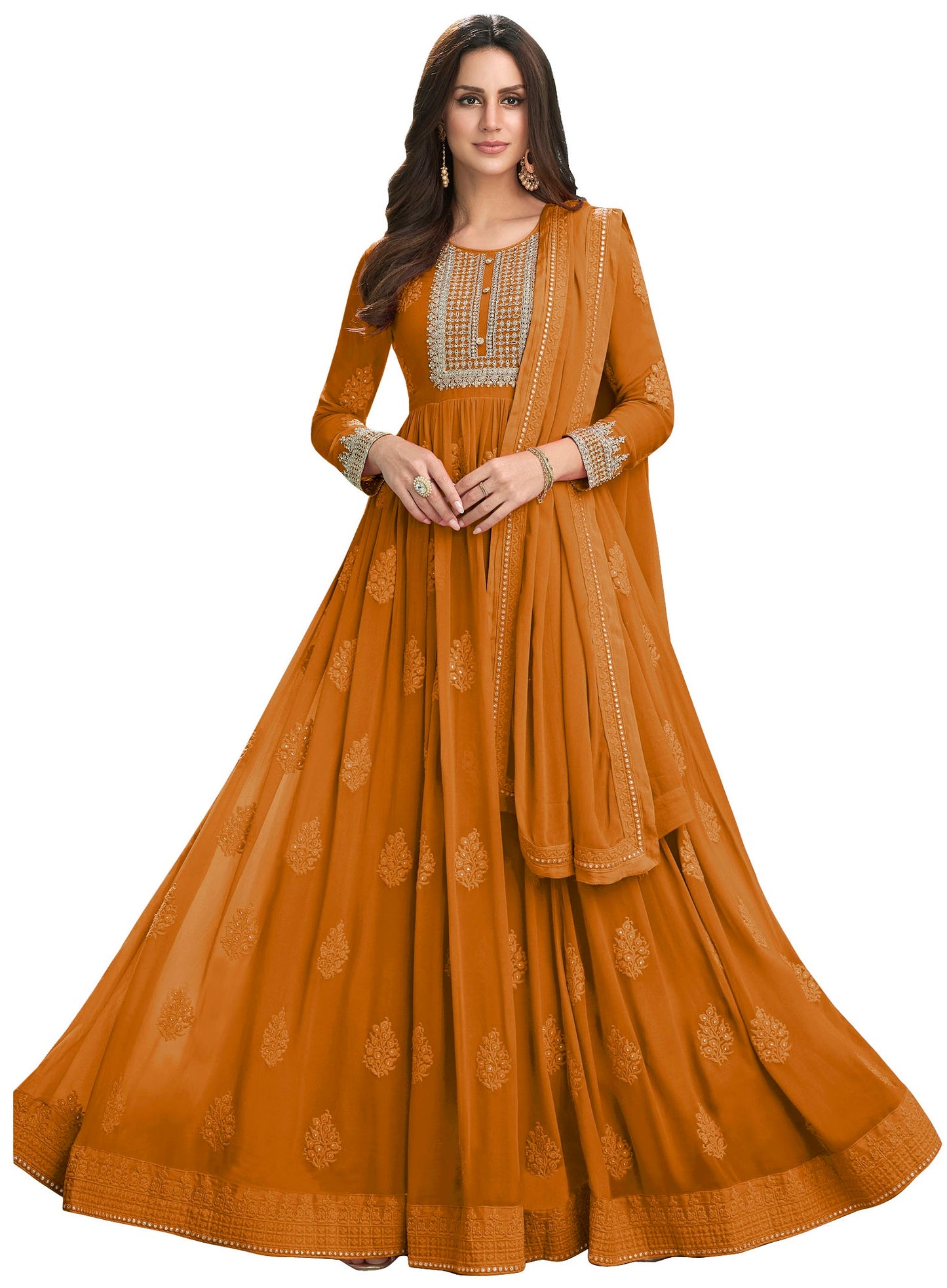 Yellow Color faux Georgette With Embroidery Long Anarkali Suit