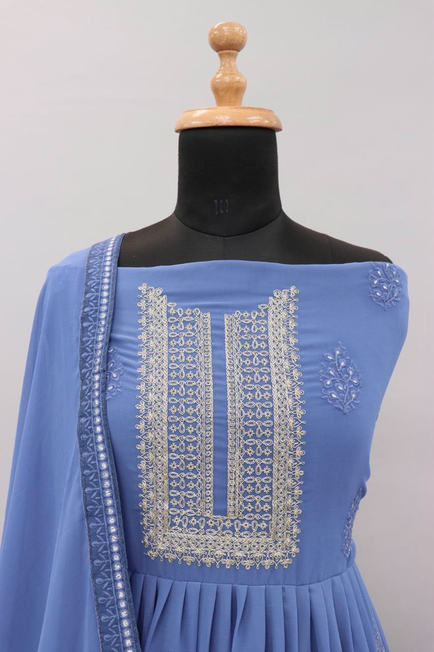 Blue Color faux Georgette With Embroidery Long Anarkali Suit
