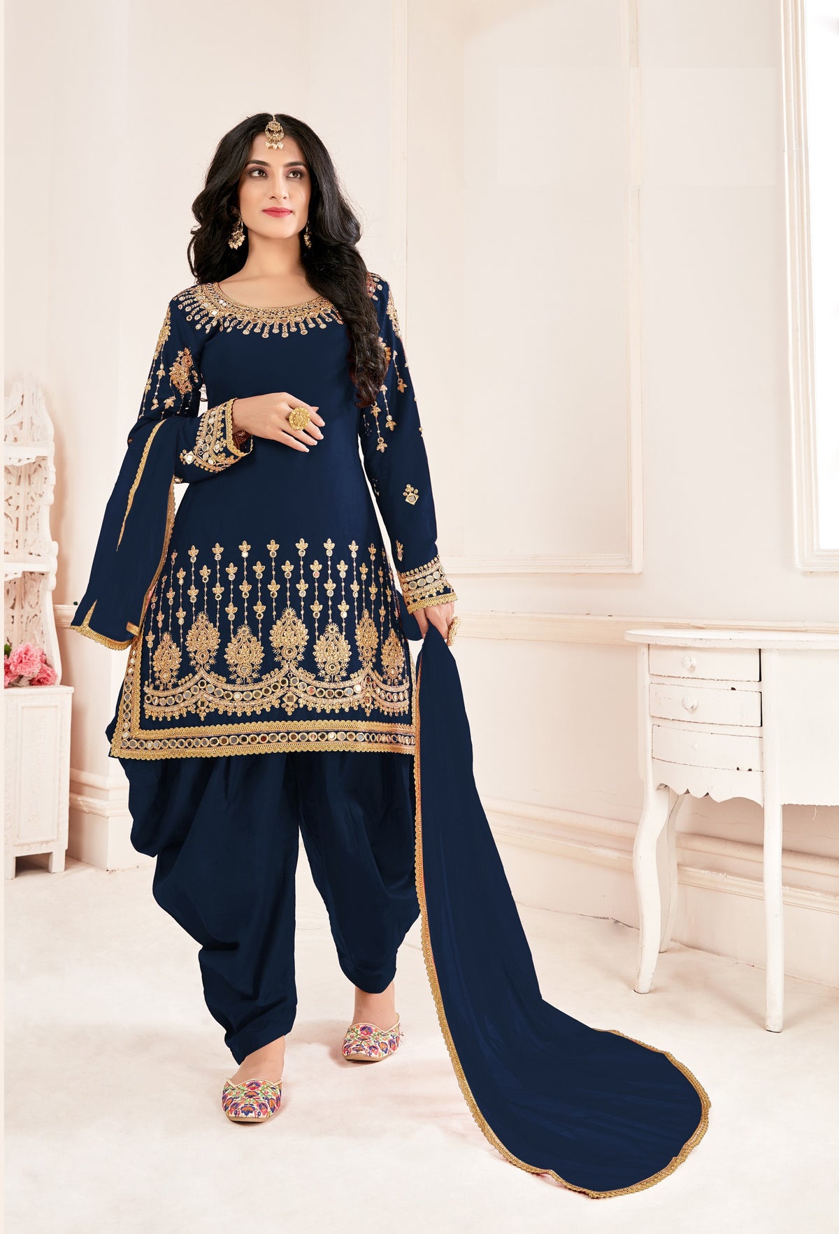 Blue Color faux Georgette With Mirror Work Patiyala Salwar Suit - Joshindia