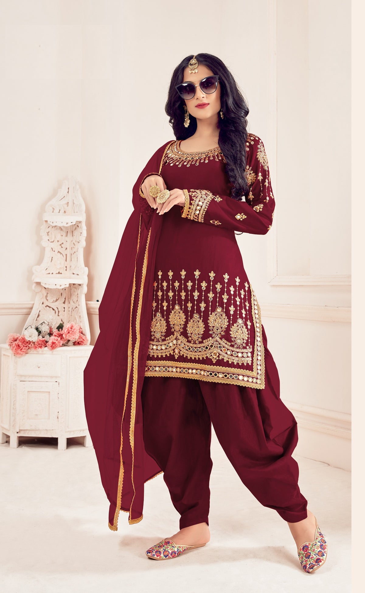 Maroon Color faux Georgette With Mirror Work Patiyala Salwar Suit - Joshindia