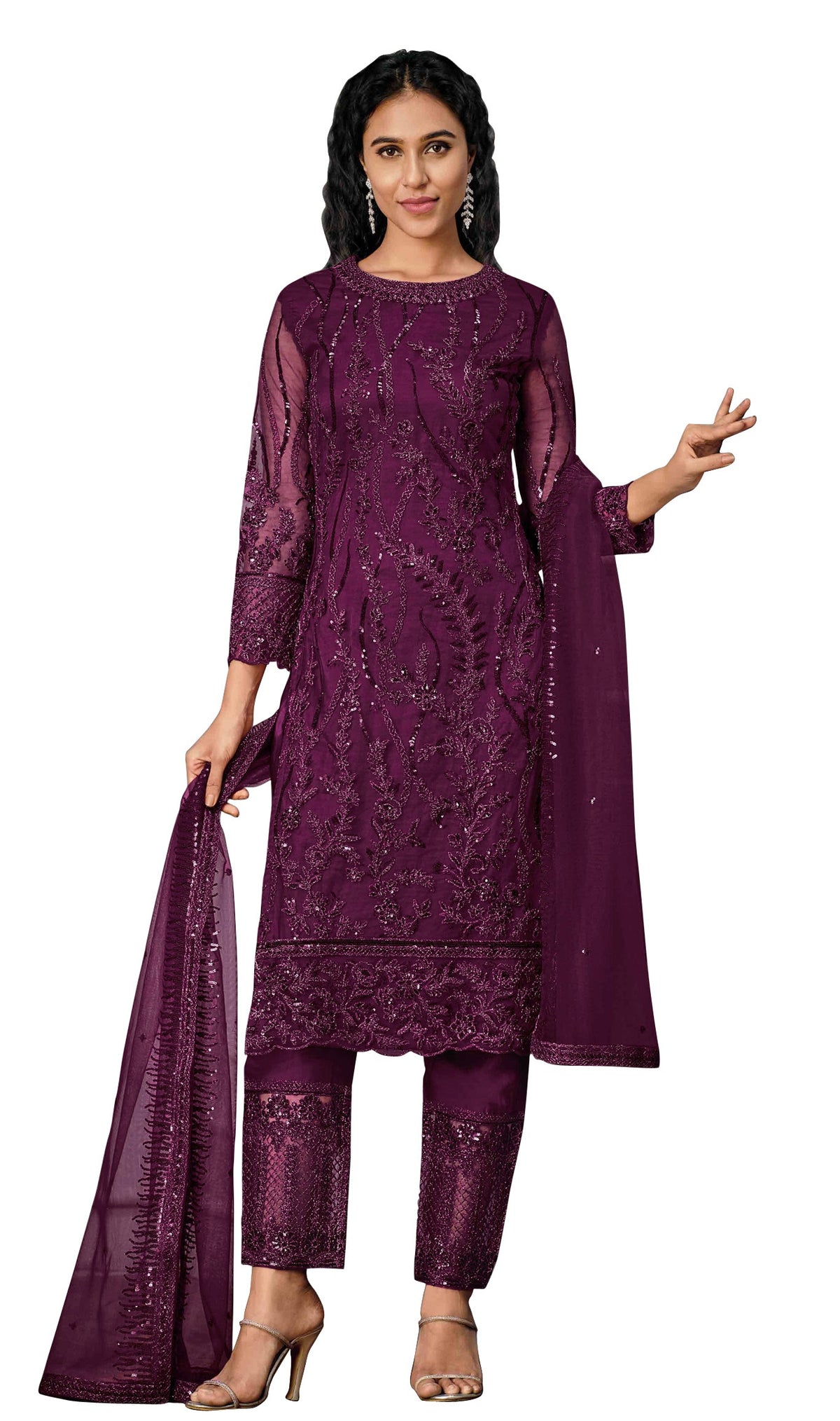 Purple Color Women Soft Net Embroidery Work Straight Salwar Suit For Woman - Joshindia
