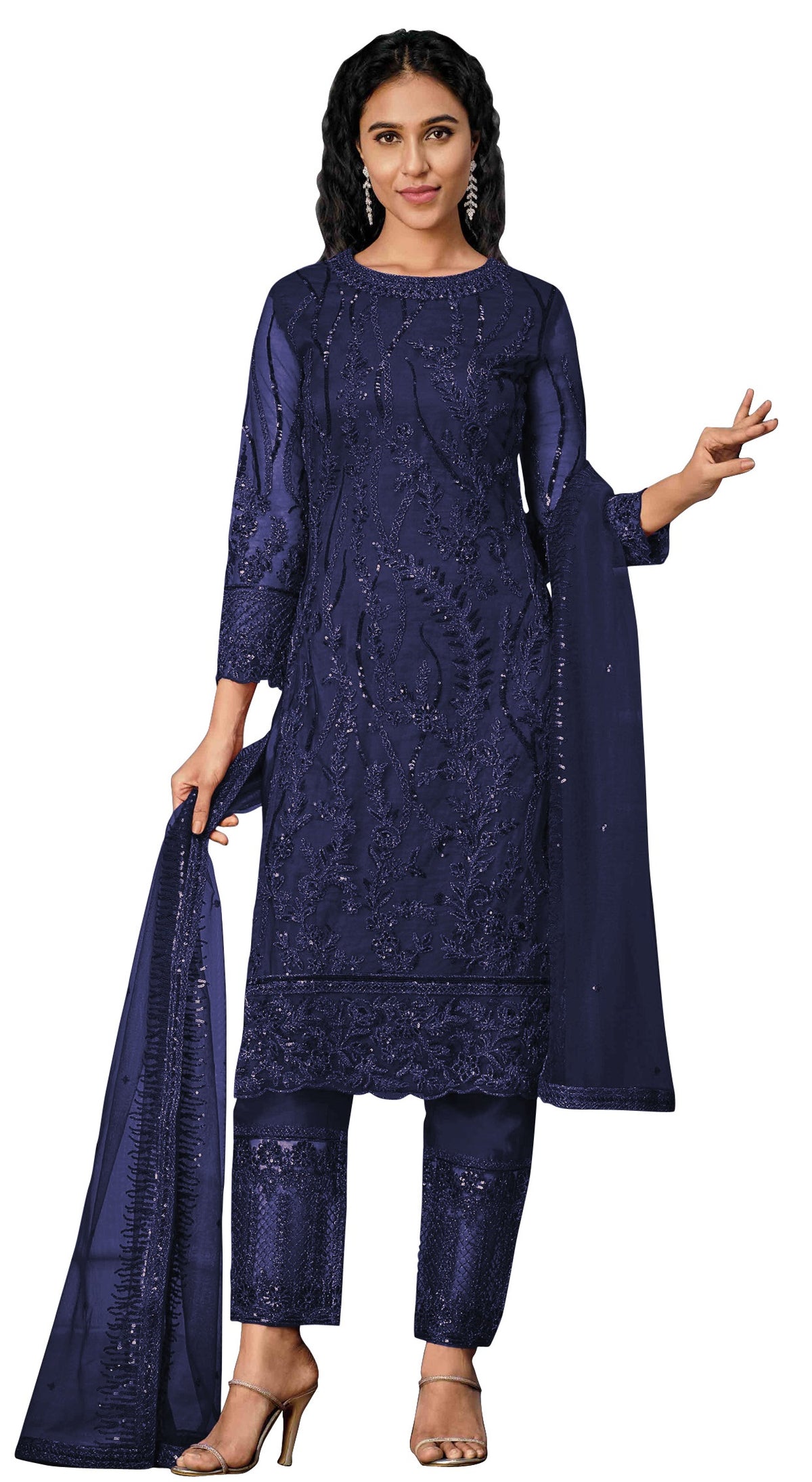 Blue Color Women Soft Net Embroidery Work Straight Salwar Suit For Woman - Joshindia