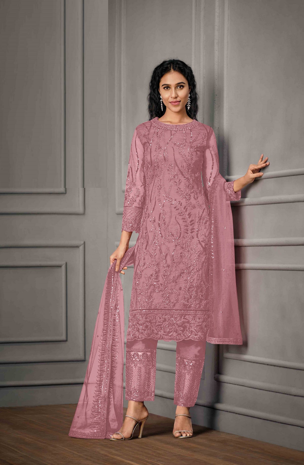 Pink Color Women Soft Net Embroidery Work Straight Salwar Suit For Woman - Joshindia