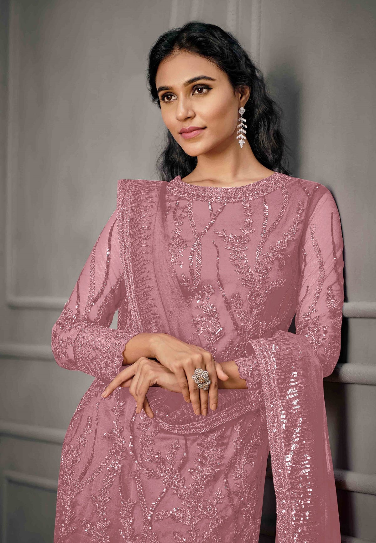 Pink Color Women Soft Net Embroidery Work Straight Salwar Suit For Woman - Joshindia