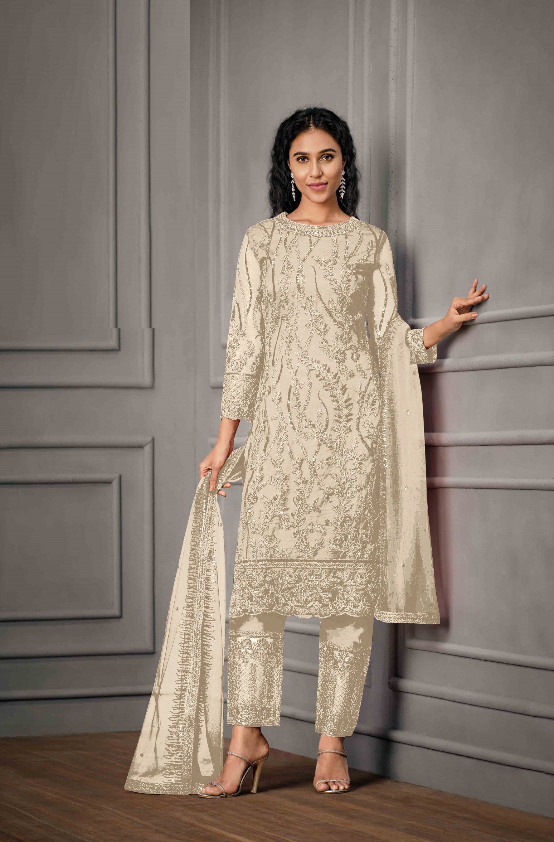 White Color Women Soft Net Embroidery Work Straight Salwar Suit For Wo –  Joshindia