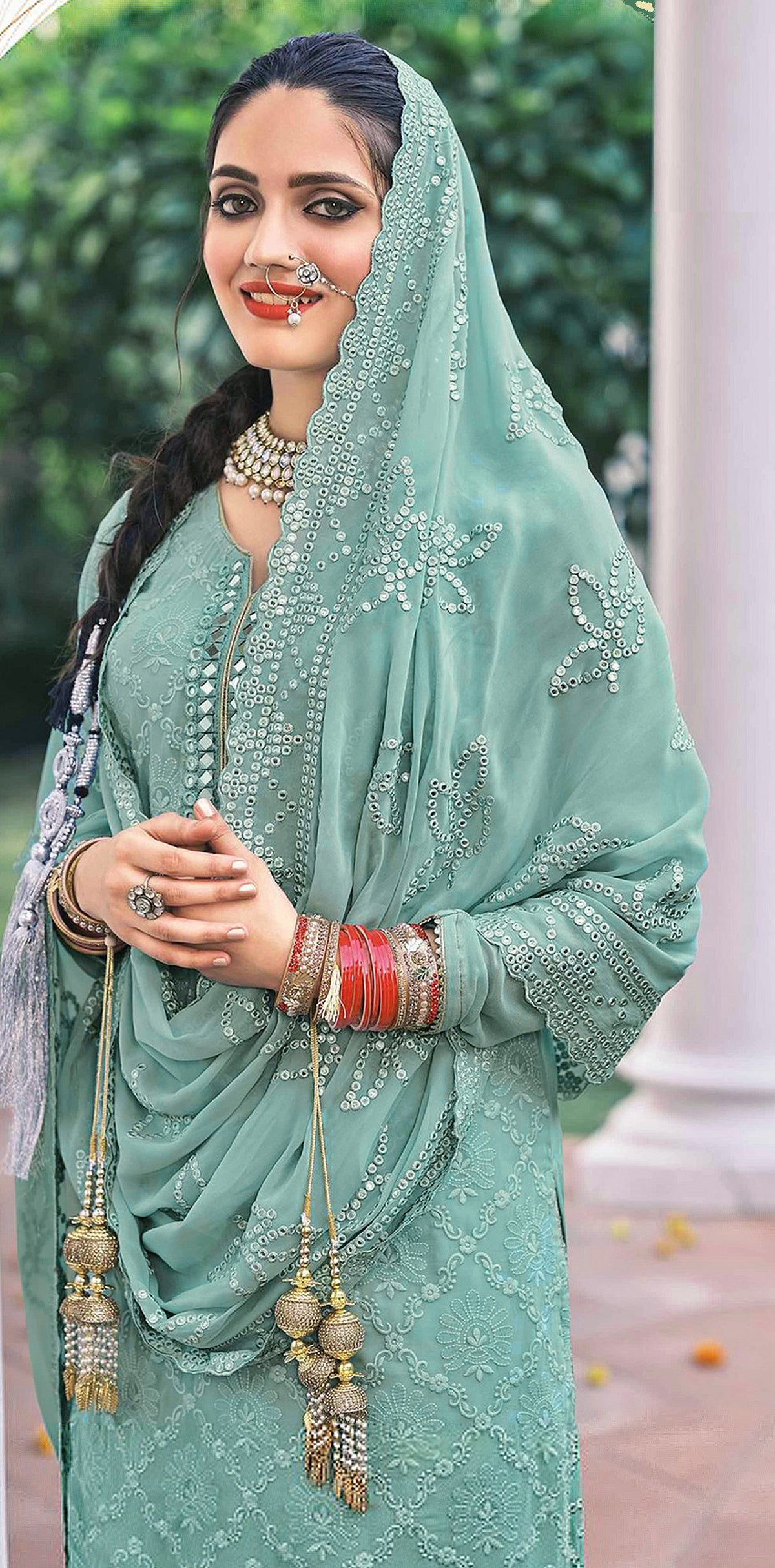 Sky Blue color Faux Georgette Foil Work Heavy Sharara Suit - Joshindia