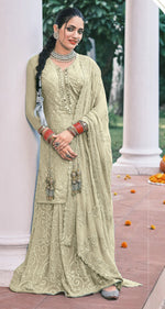 Lemon color Faux Georgette Foil Work Heavy Sharara Suit - Joshindia