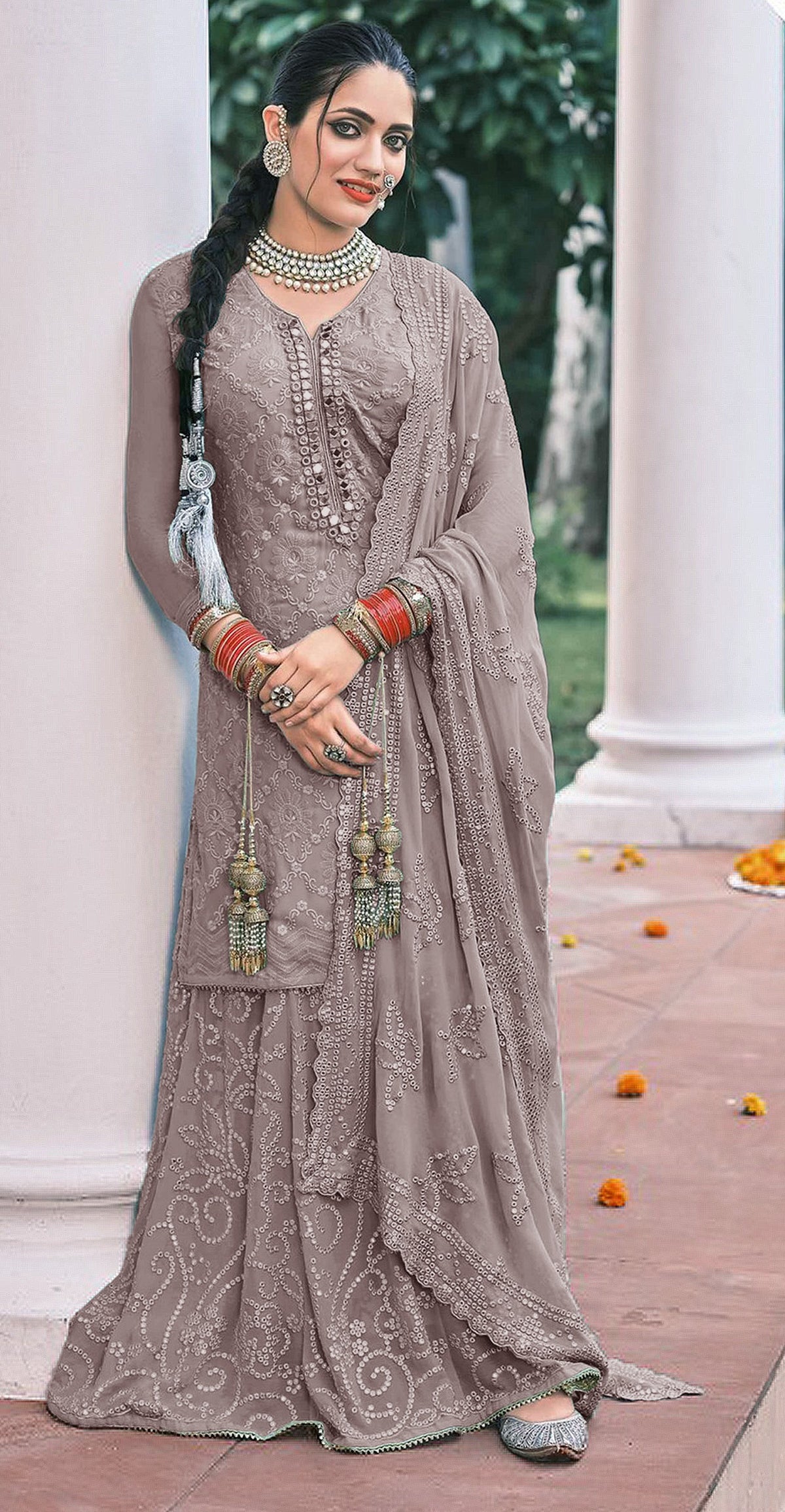 Grey color Faux Georgette Foil Work Heavy Sharara Suit - Joshindia