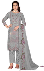 Grey Color Faux Georgette Straight Salwar suit For Woman - Joshindia