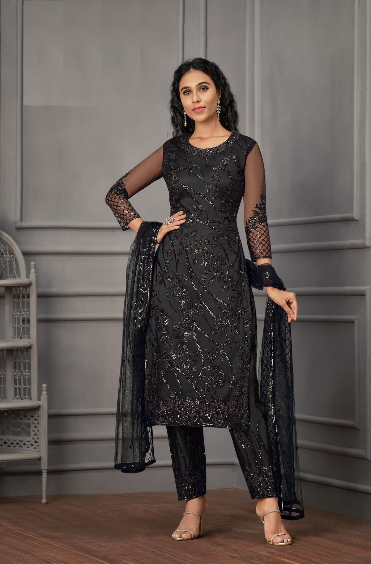 Black color Women Soft Net Embroidery Work Straight Salwar Suit - Joshindia