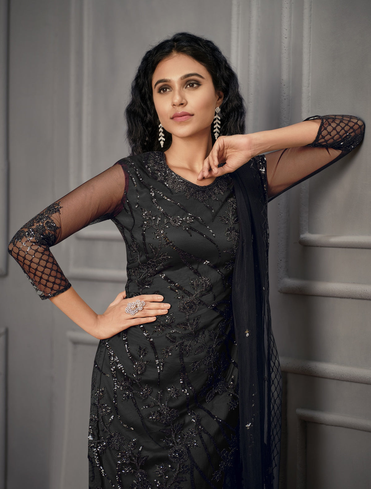 Black color Women Soft Net Embroidery Work Straight Salwar Suit - Joshindia