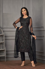 Black color Women Soft Net Embroidery Work Straight Salwar Suit - Joshindia
