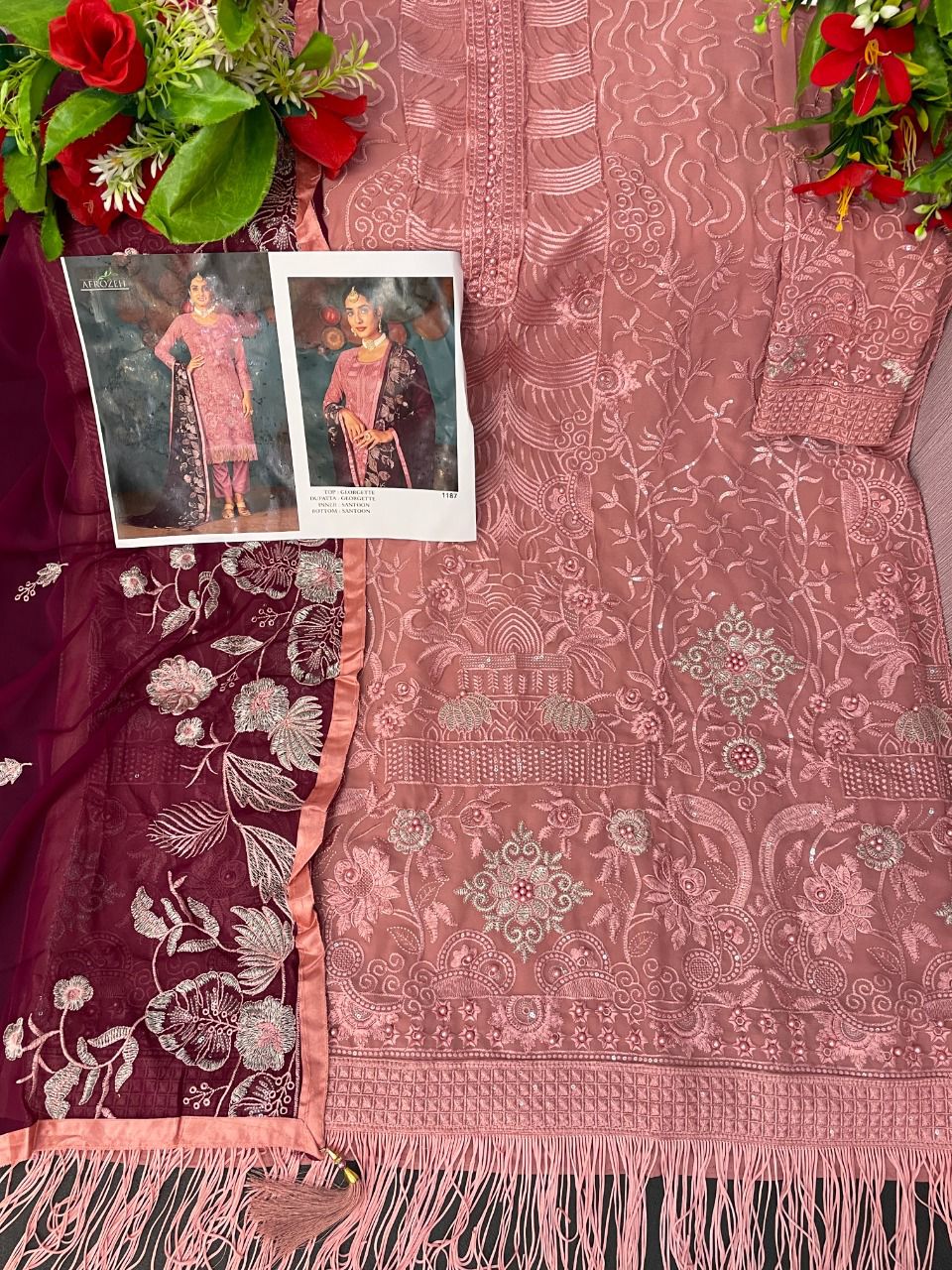 Peach Color Faux Georgette Soft Emboidery Work Straghit Suit - Joshindia