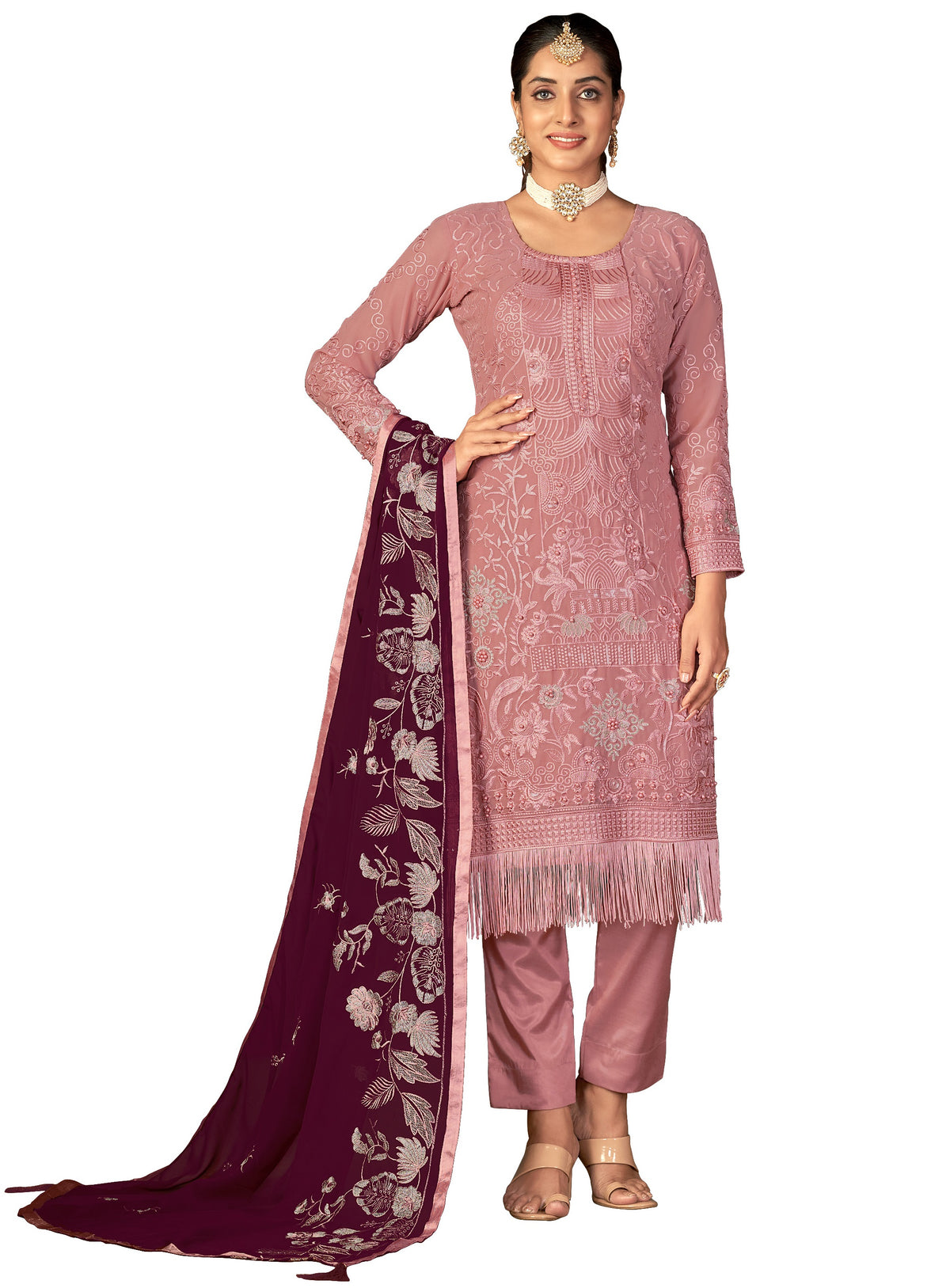 Peach Color Faux Georgette Soft Emboidery Work Straghit Suit - Joshindia