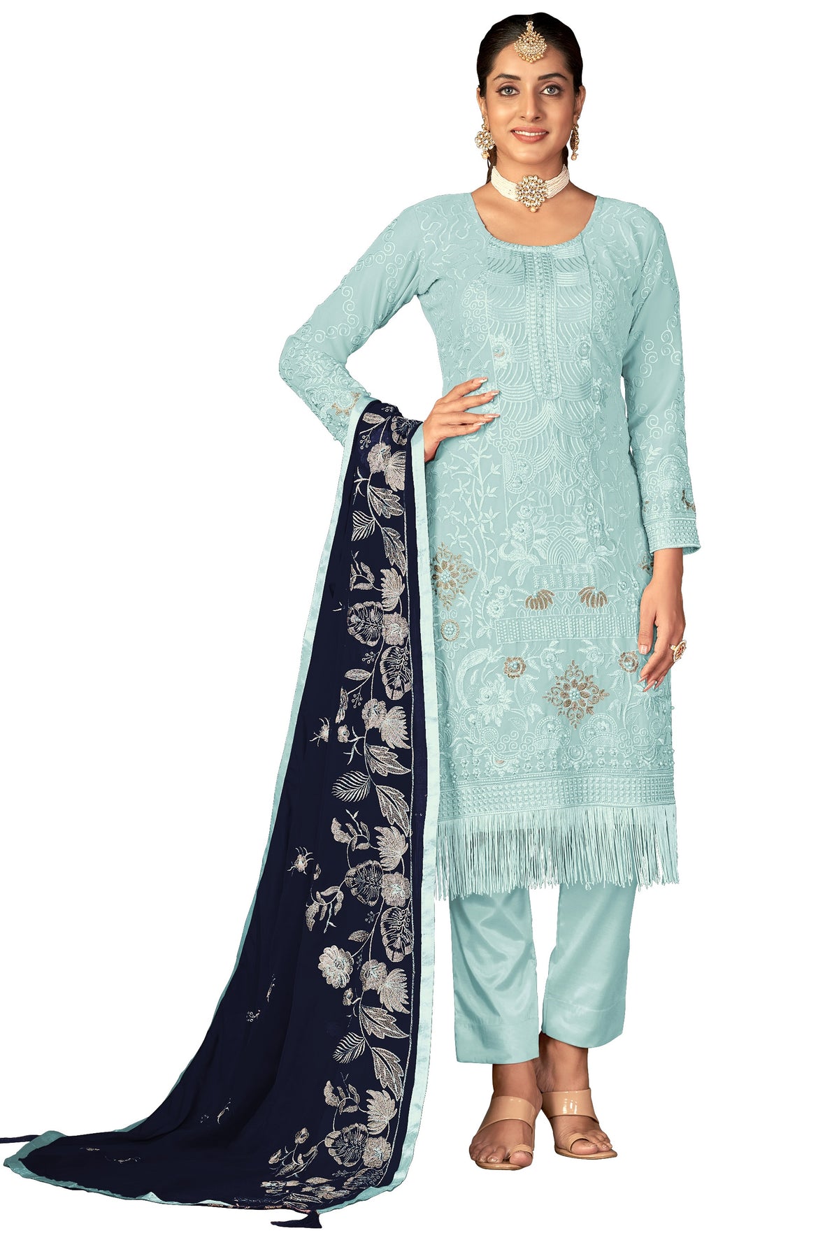 Sky Blue Color Faux Georgette Soft Emboidery Work Straghit Suit - Joshindia