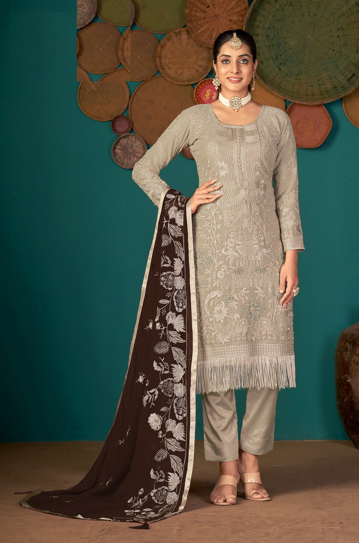 Beige Color Faux Georgette Soft Emboidery Work Straghit Suit - Joshindia