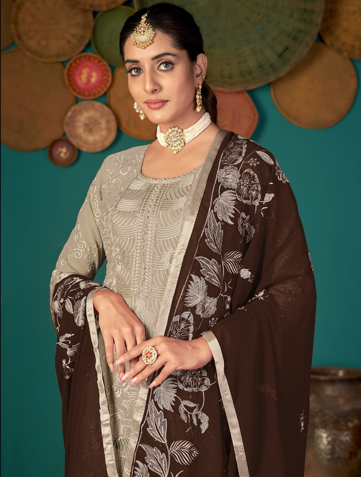 Beige Color Faux Georgette Soft Emboidery Work Straghit Suit - Joshindia