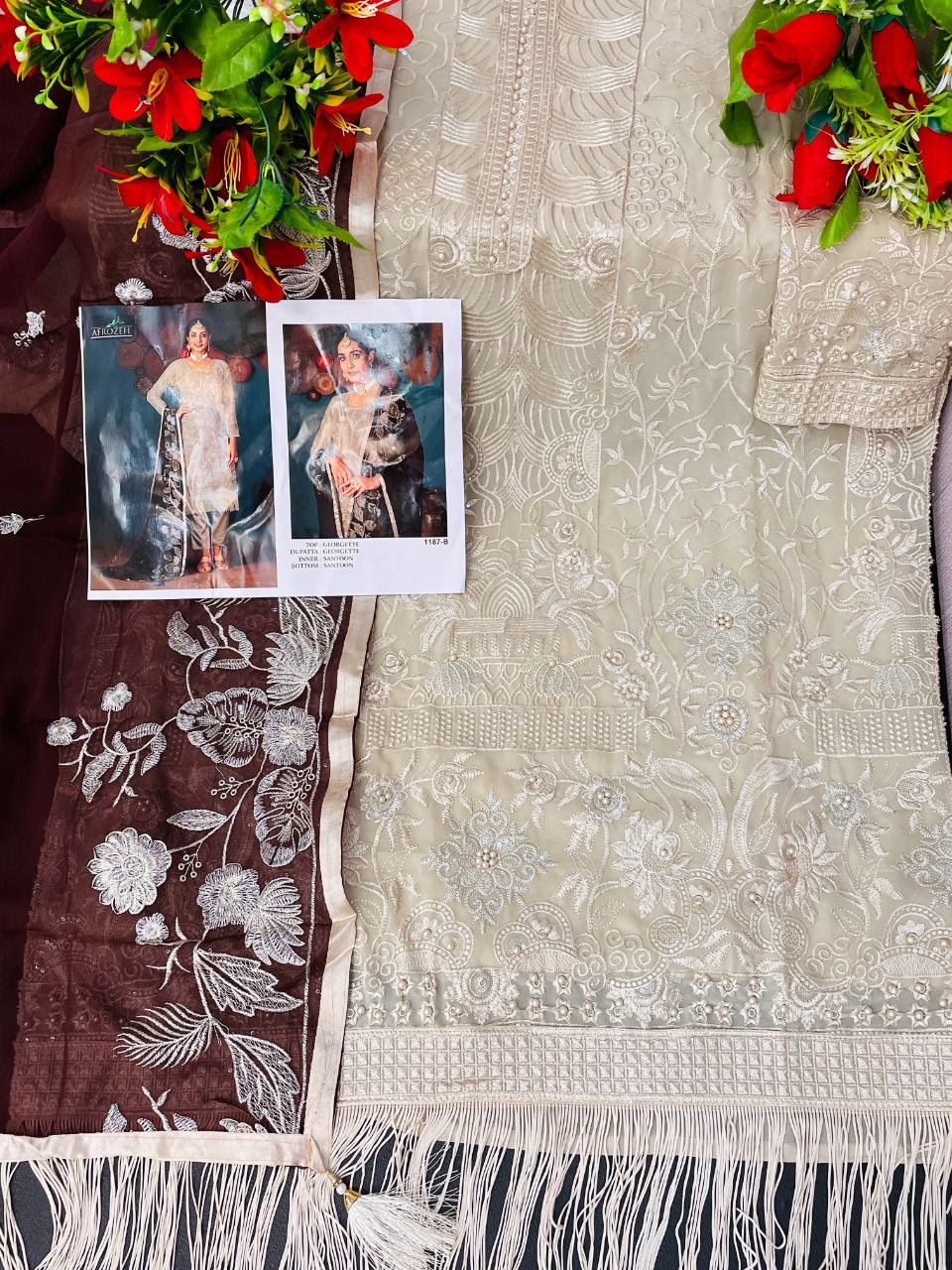 Beige Color Faux Georgette Soft Emboidery Work Straghit Suit - Joshindia