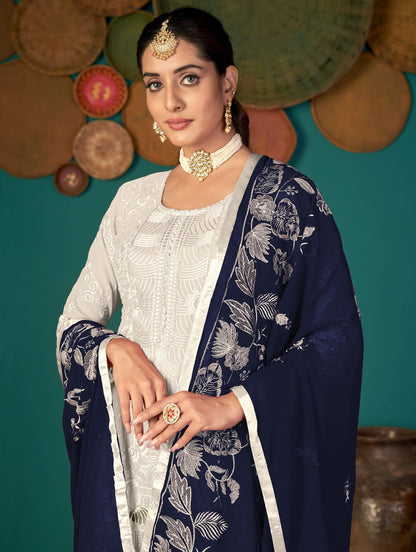 White Color Faux Georgette Soft Emboidery Work Straghit Suit