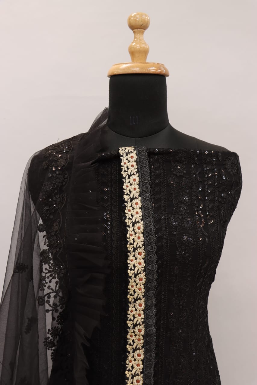 Black Color Faux Georgette With Sequence Work Straight Salwar Suit - Joshindia