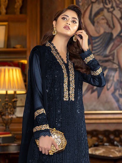 Blue Color Faux Georgette With Sequence Work Straight Salwar Suit