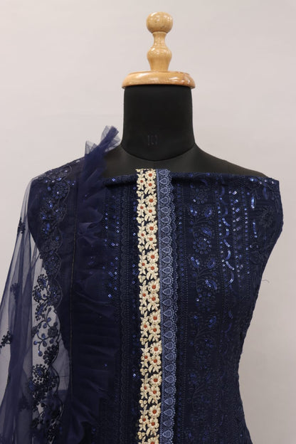 Blue Color Faux Georgette With Sequence Work Straight Salwar Suit