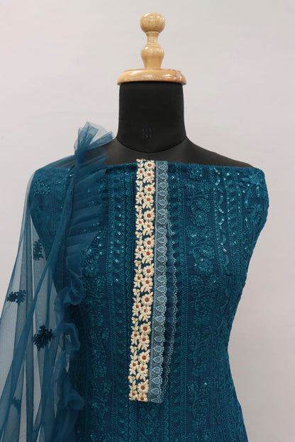 Sea Blue Color Faux Georgette With Sequence Work Straight Salwar Suit