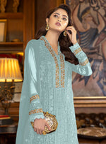 Sky Blue Color Faux Georgette With Sequence Work Straight Salwar Suit - Joshindia