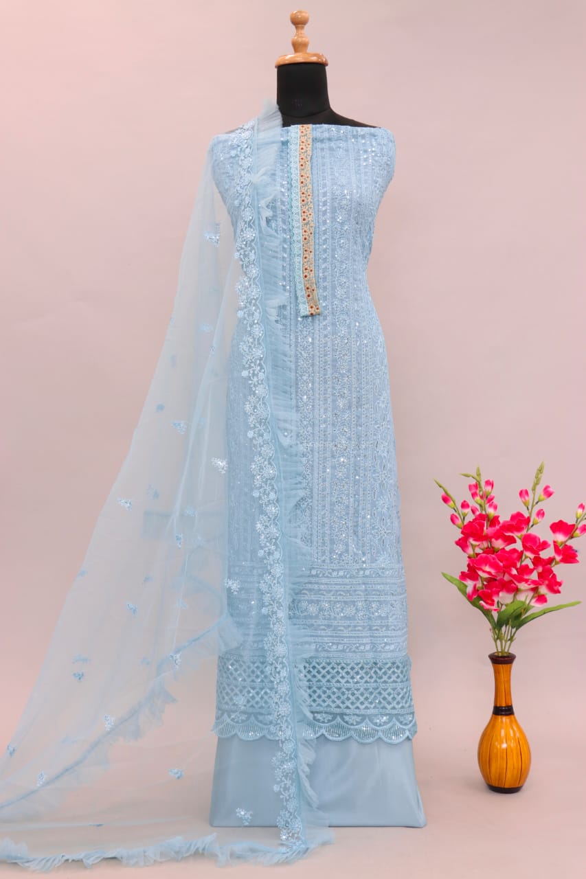 Sky Blue Color Faux Georgette With Sequence Work Straight Salwar Suit - Joshindia