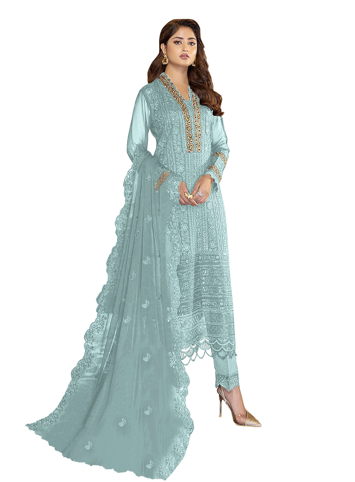 Sky Blue Color Faux Georgette With Sequence Work Straight Salwar Suit - Joshindia