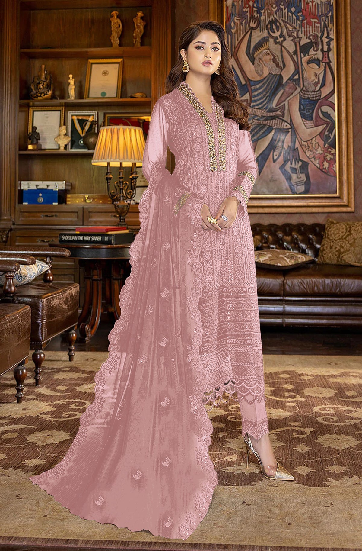 Pink Color Faux Georgette With Sequence Work Straight Salwar Suit - Joshindia