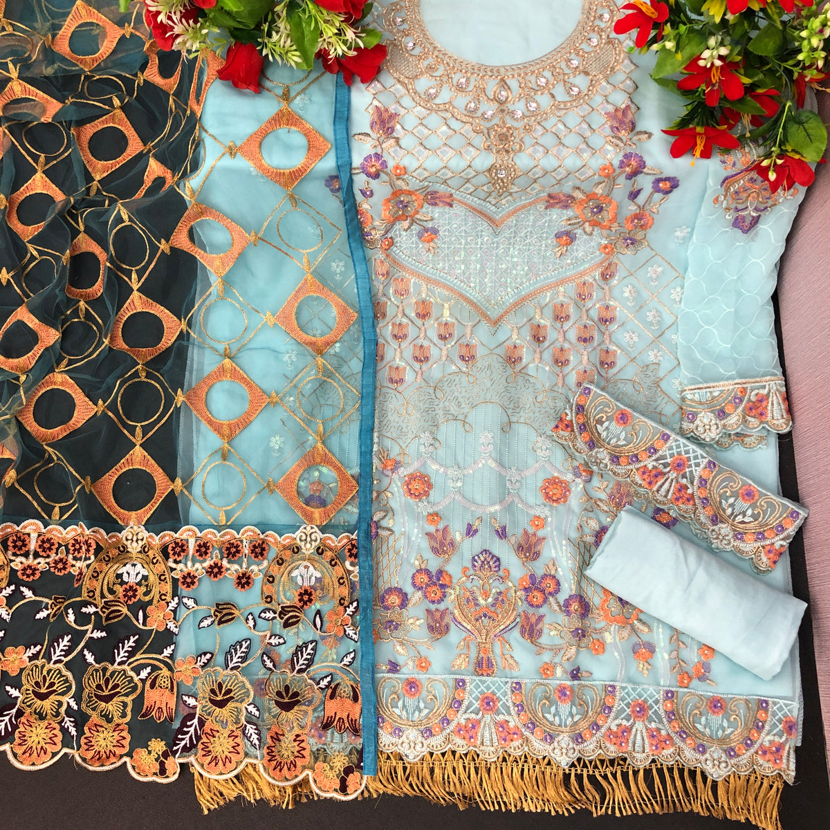 Sky Blue Color Georgette With Soft Embroidery Work Straghit Suit - Joshindia