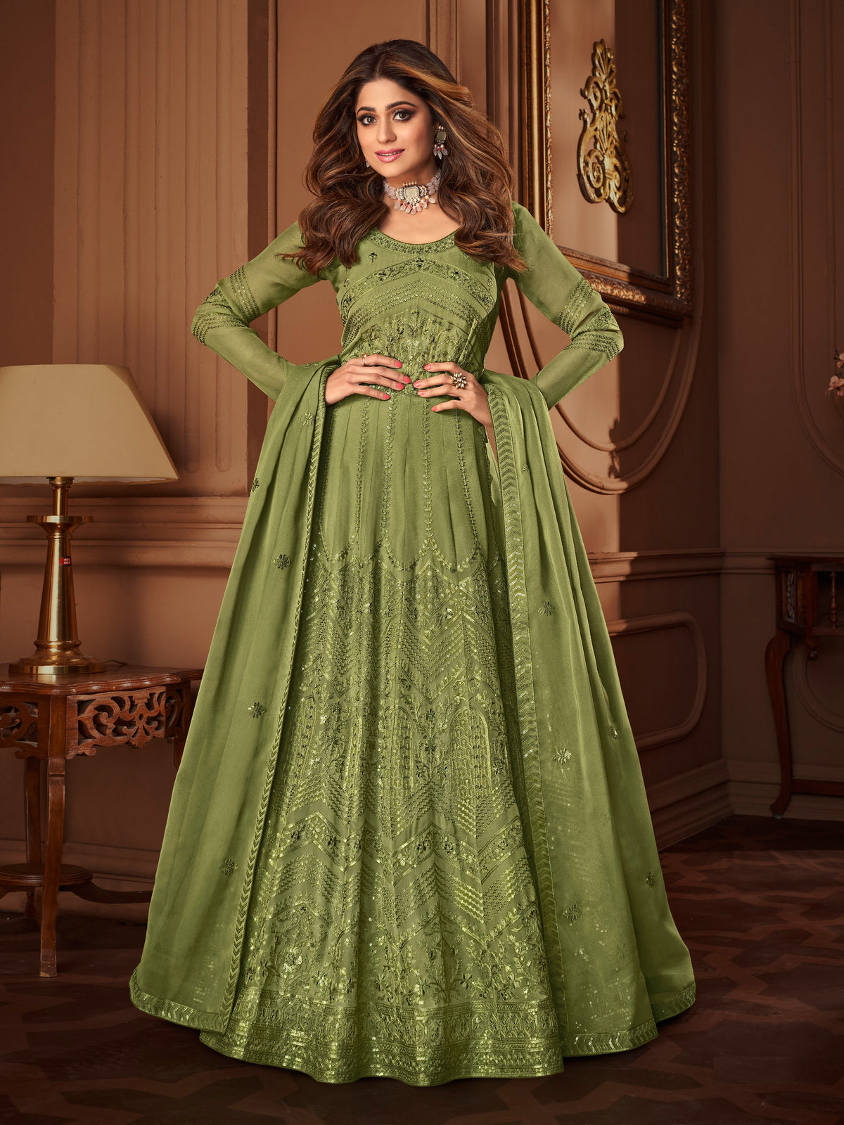 Green Color Faux Georgette Long Anarkali Salwar Suit - Joshindia