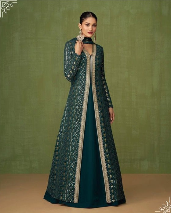 Sea Green Color Faux Georgette Embroidery Long Salwar Suit - Joshindia