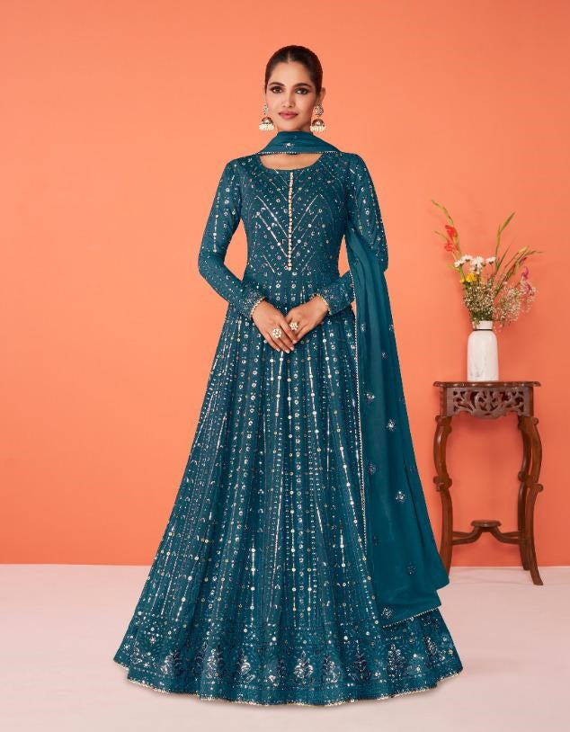 Sea Blue Color Faux Georgette With Heavy Embroidery Work Anarkali Salwar Suit - Joshindia
