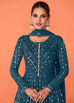 Sea Blue Color Faux Georgette With Heavy Embroidery Work Anarkali Salwar Suit - Joshindia