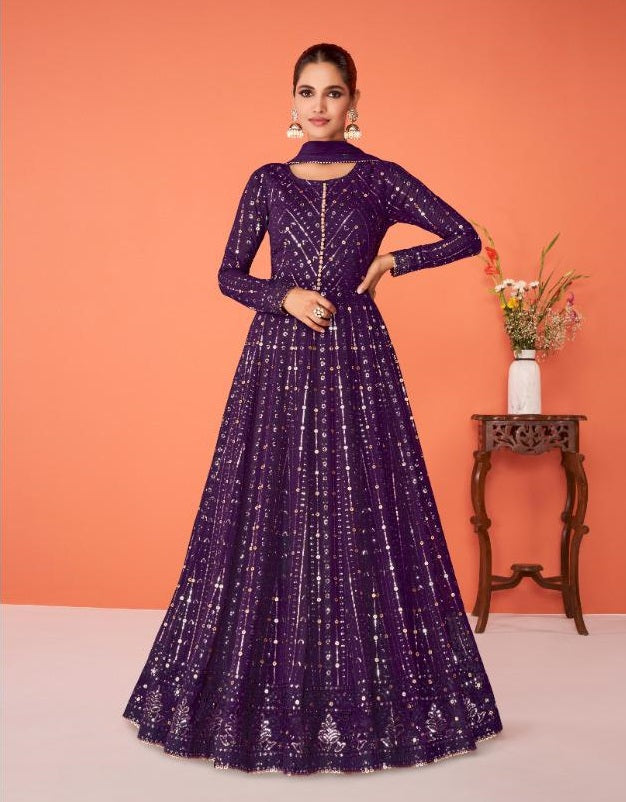 Purple Color Faux Georgette With Heavy Embroidery Work Anarkali Salwar Suit - Joshindia