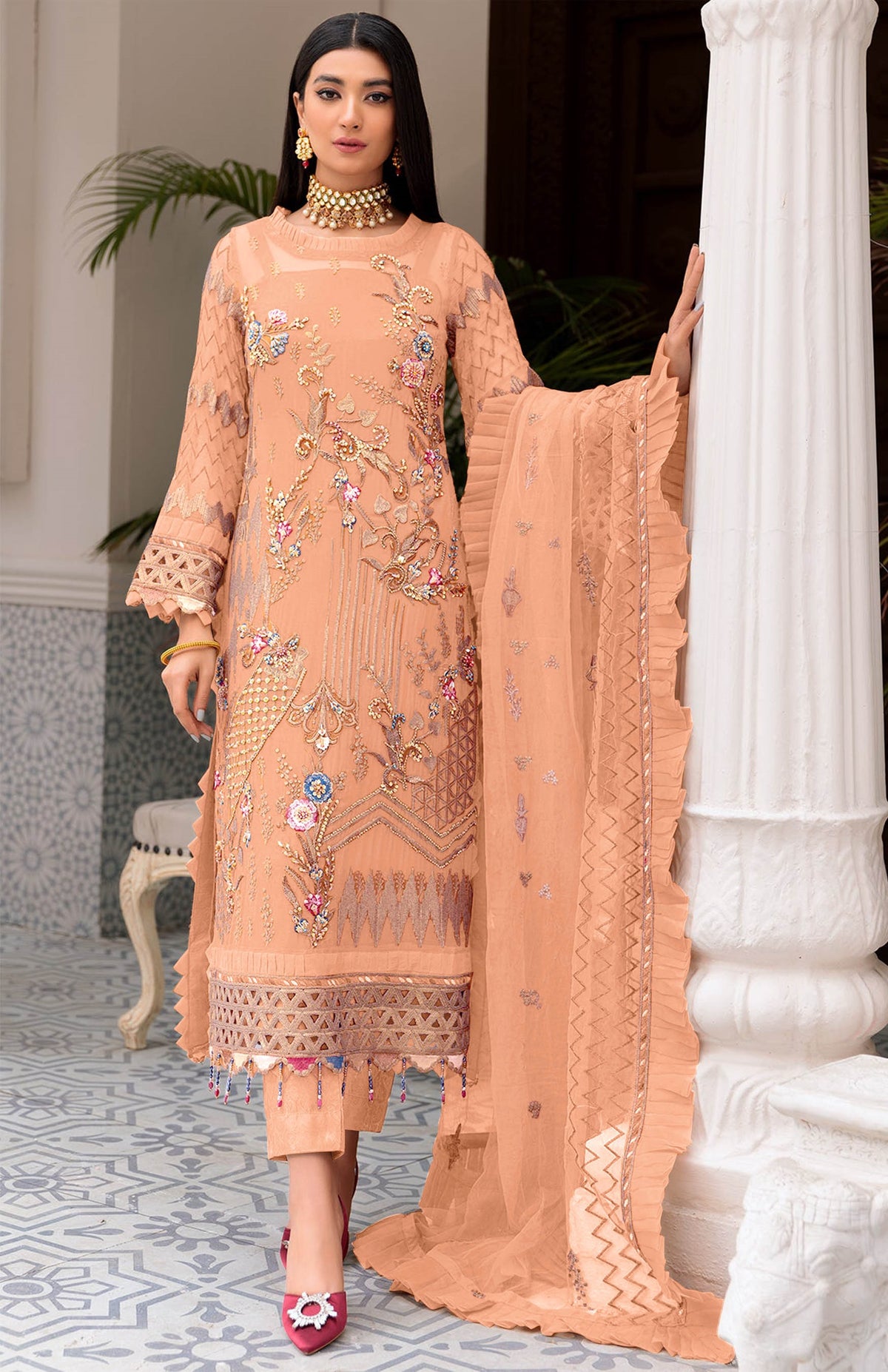 Orange Color Faux Georgette With Sequence Embroidery Work Straight Salwar Suit - Joshindia
