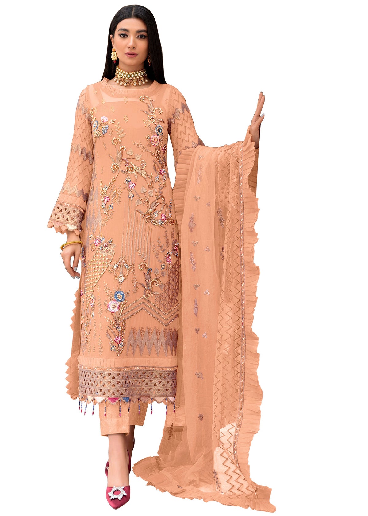 Orange Color Faux Georgette With Sequence Embroidery Work Straight Salwar Suit - Joshindia