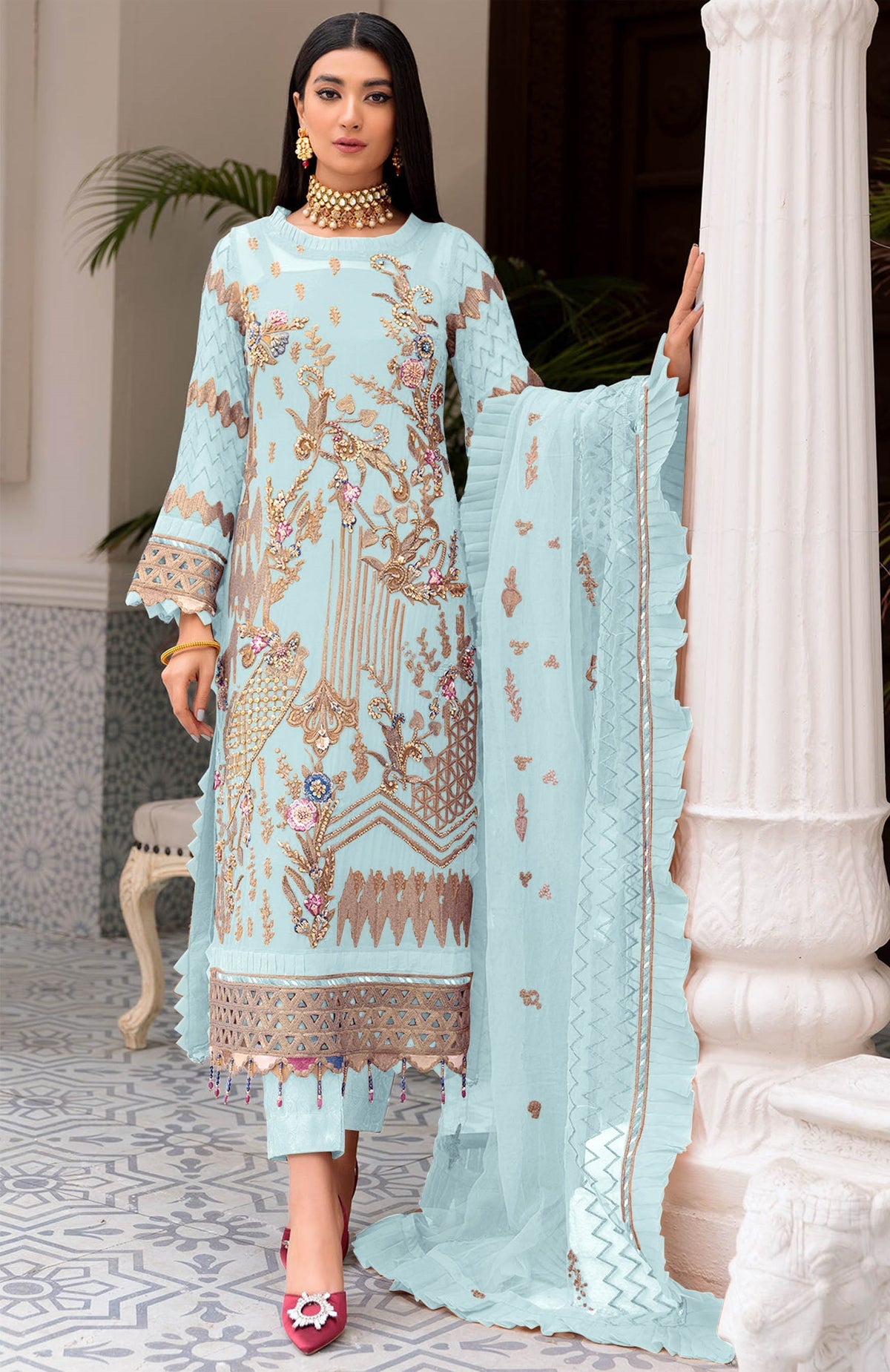 Sky Blue Color Faux Georgette With Sequence Embroidery Work Straight Salwar Suit - Joshindia