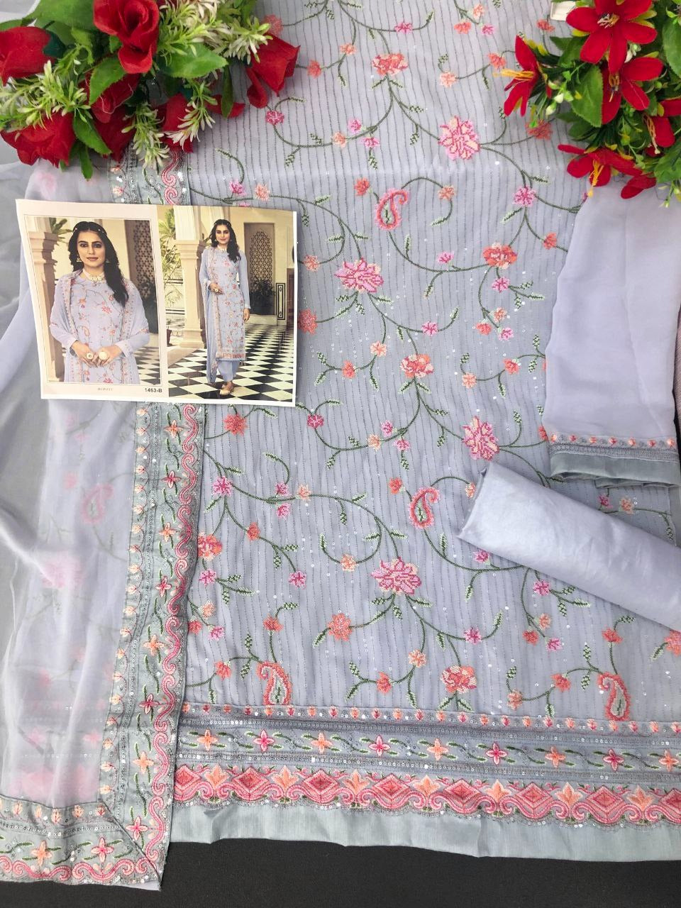 Grey Color Faux Georgette With Heavy Sequence work Straight Salwar Suit - Joshindia