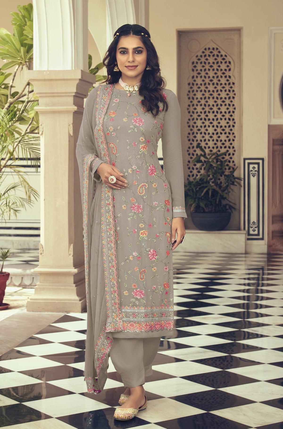 Beige Color Faux Georgette With Heavy Sequence work Straight Salwar Suit - Joshindia