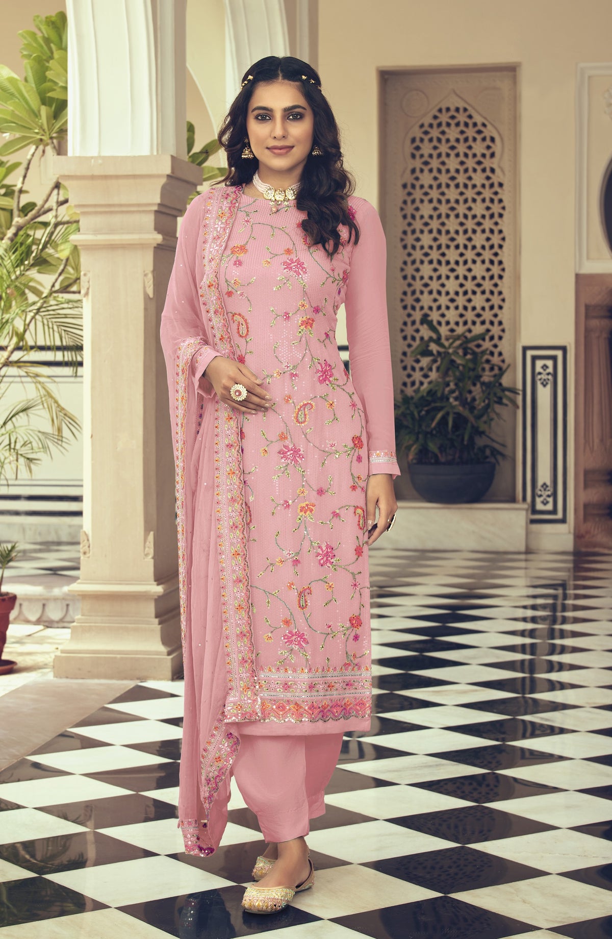 Pink Color Faux Georgette With Heavy Sequence work Straight Salwar Suit - Joshindia