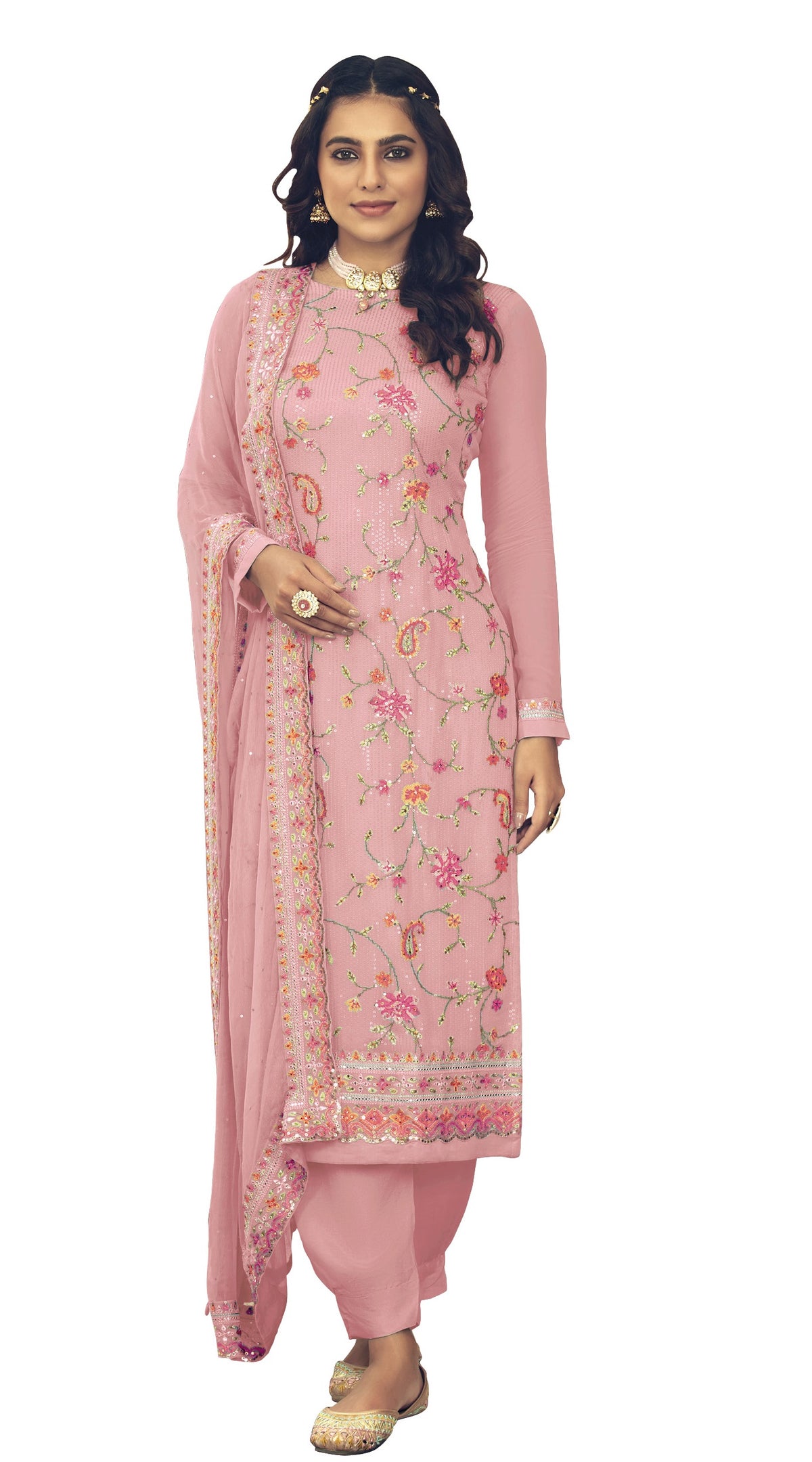 Pink Color Faux Georgette With Heavy Sequence work Straight Salwar Suit - Joshindia