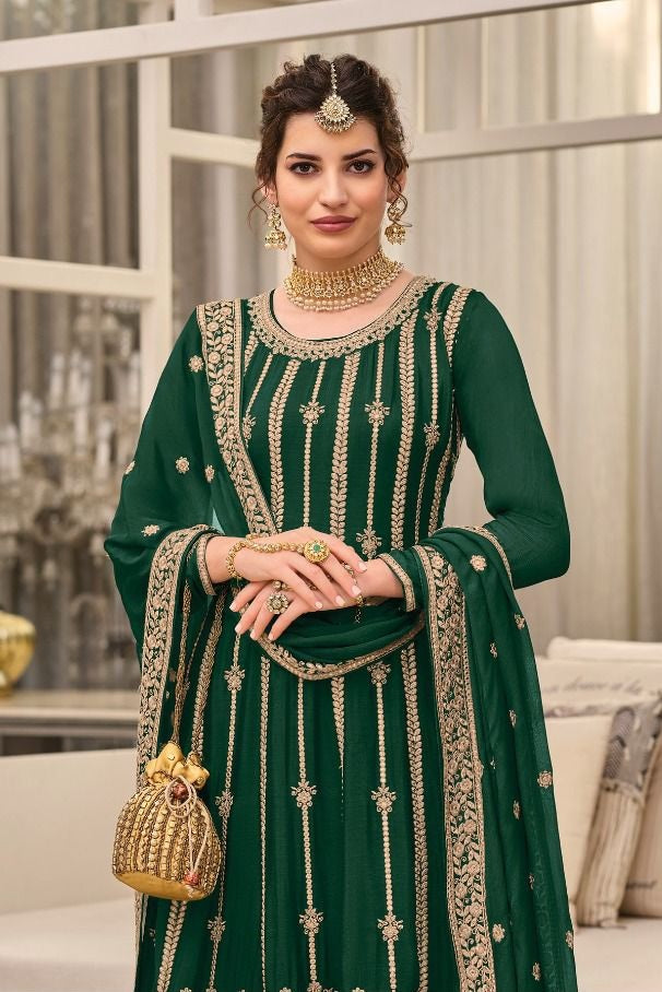 Green Color Georgette With HeavyEmbroidery Work Straghit Sharara Suit - Joshindia